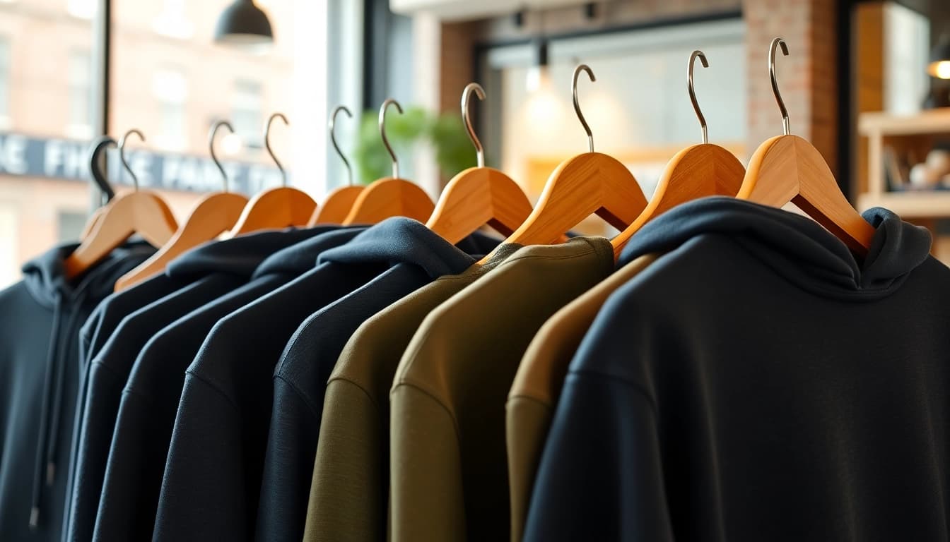 Shop high quality blank hoodies displayed in a stylish urban setting with rich textures.