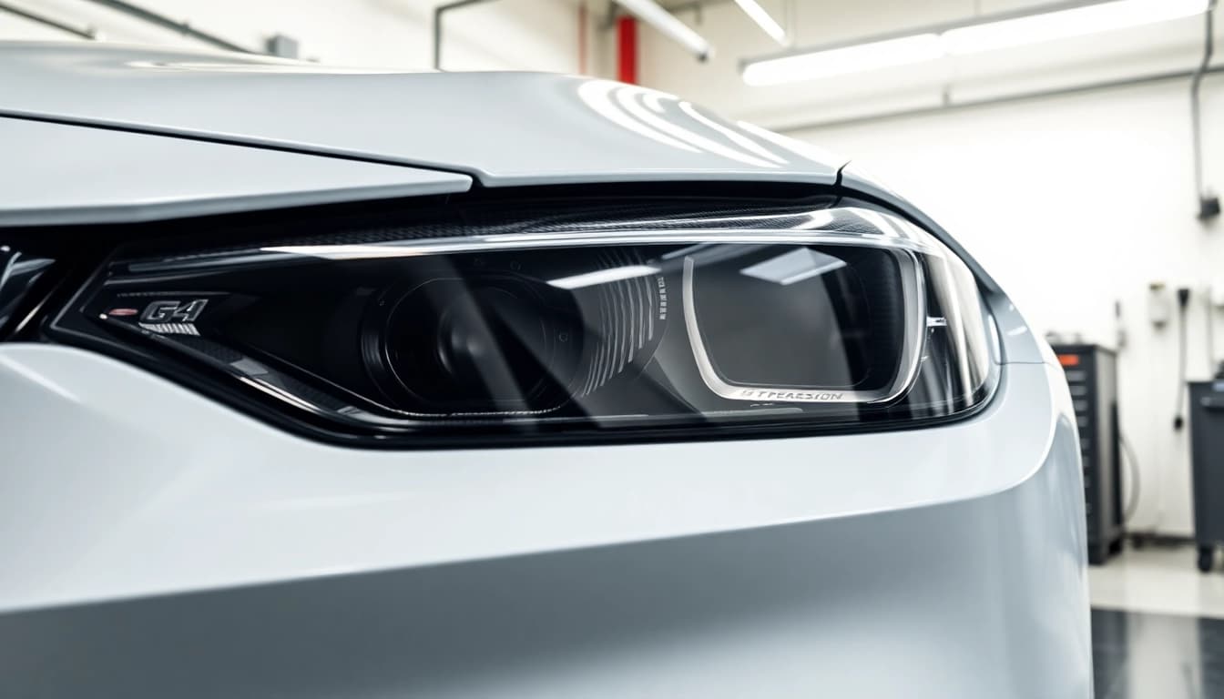 Showcasing G82 M4 Carbon Fiber Headlight Delete on a sleek car in a modern workshop.