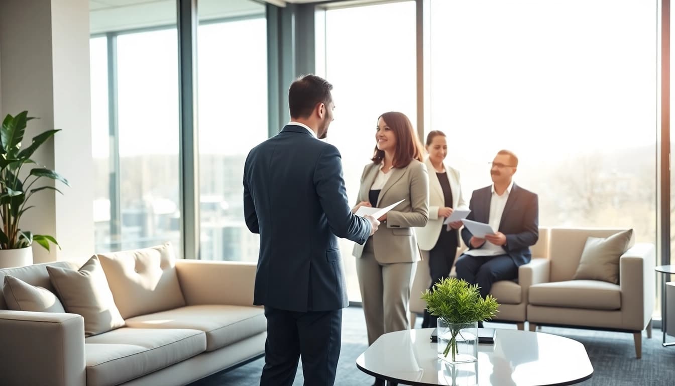 Illustration of professionals discussing luxembourg family holding strategies in a modern office environment.