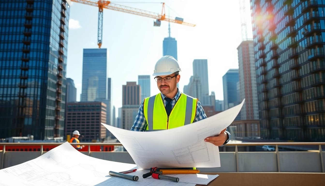 New York City Construction Manager leading a site meeting in a vibrant urban environment.