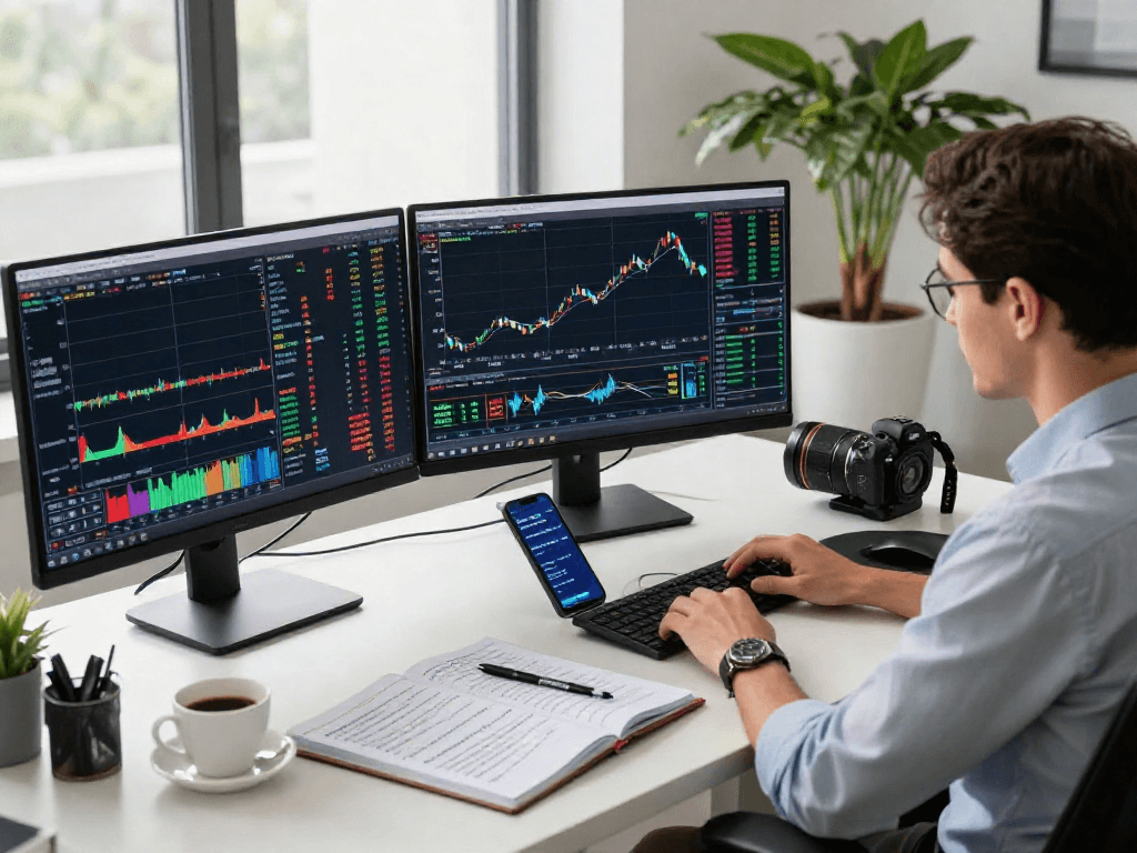TradingView setup with professional trader analyzing market data on multiple screens in a modern workspace.