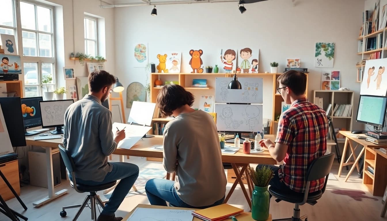 Animation Studio Berlin zeigt ein kreatives Arbeitsumfeld mit Animatoren, die an Projekten arbeiten.