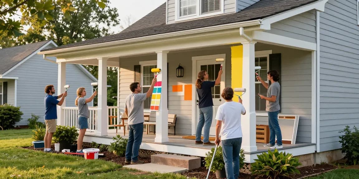 Painters in Polk County IA working on a residential property, showcasing professional painting skills and vibrant color application.