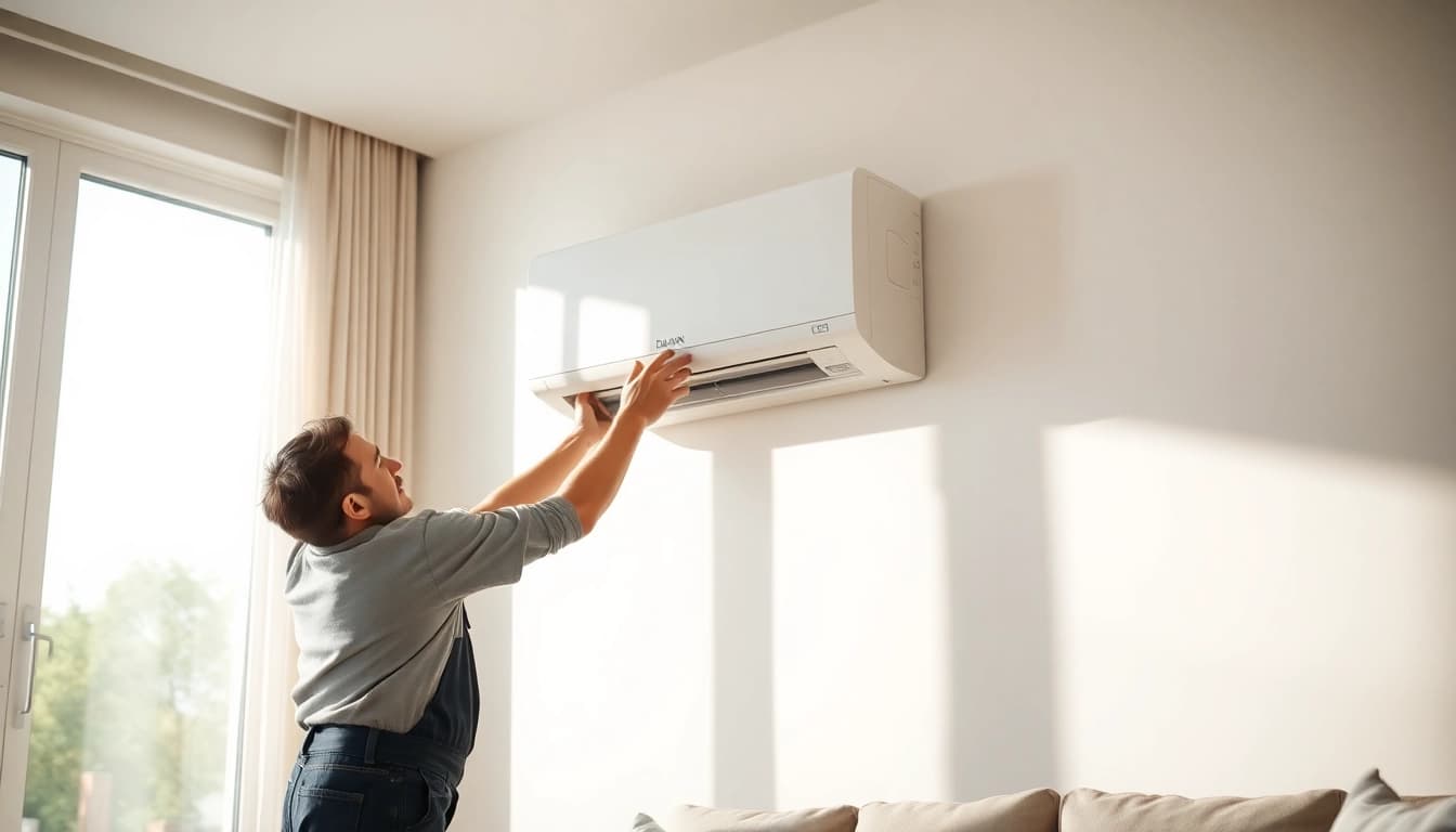 Install a Daikin mini split AC in a modern living room by an HVAC technician.