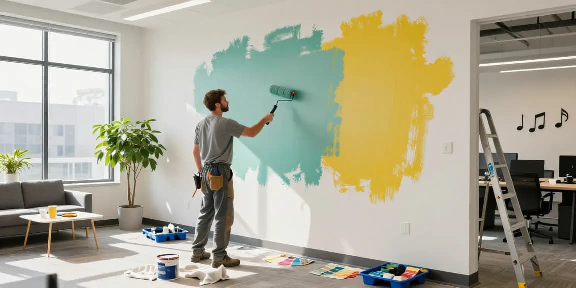 Commercial painters Franklin County OH refreshing office space with eco-friendly paint in a vibrant workspace.