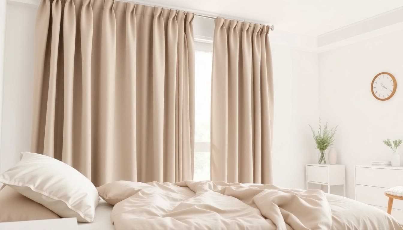 Verduisterende gordijnen in een sfeervolle slaapkamer met natuurlijk licht en rustige kleuren.