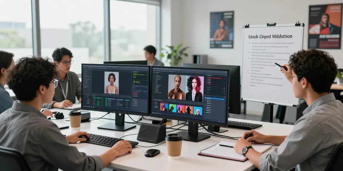 Team collaborating with an ai detector to monitor and analyze digital content in a modern office.