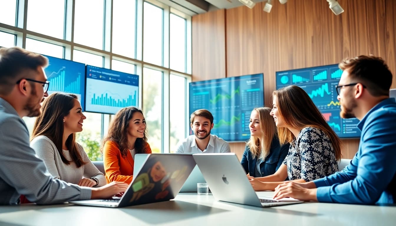 Team engaged in online marketing Edmonton strategies within a vibrant office setting.