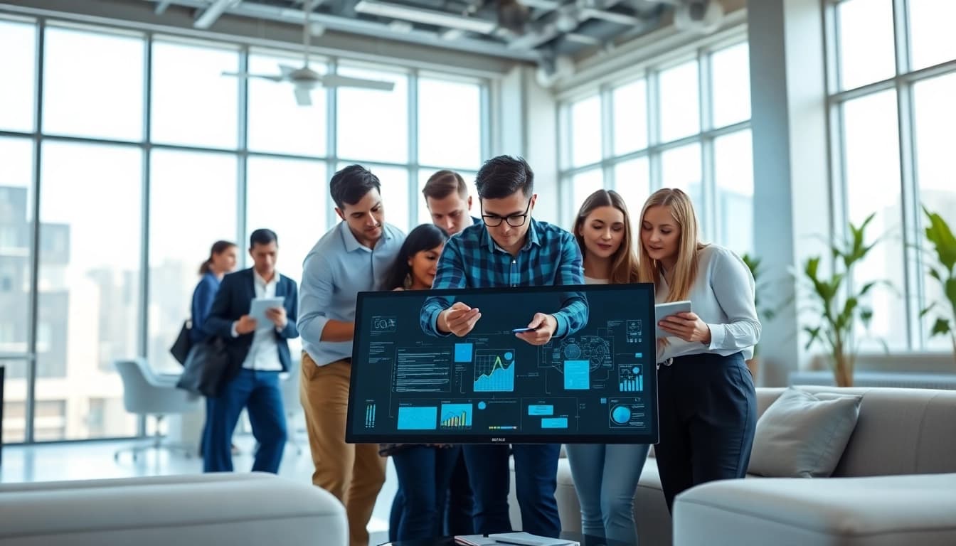 Showcasing an enterprise assistant software facilitating team collaboration in a modern office setting.