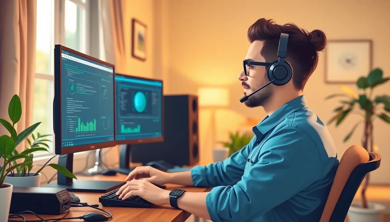 Providing Residential IT support with a technician at a home office, showcasing a professional setup.