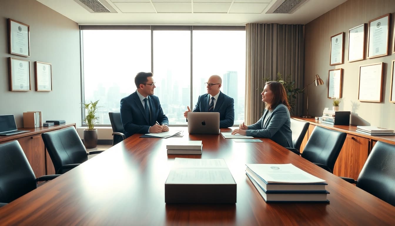 Eminent domain lawyer consulting clients in a bright, modern office, showcasing professionalism.