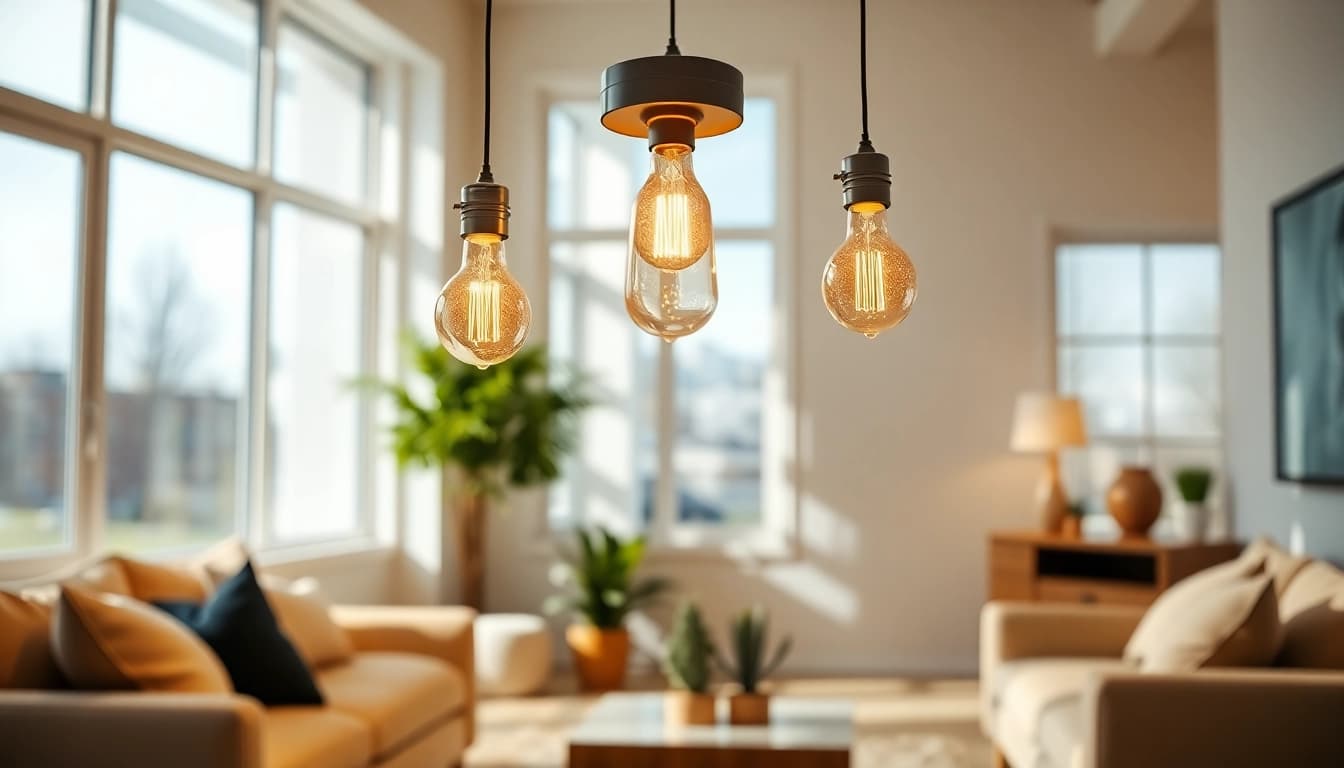 Illuminate any space with vibrant a19 light bulbs in a cozy interior scene.