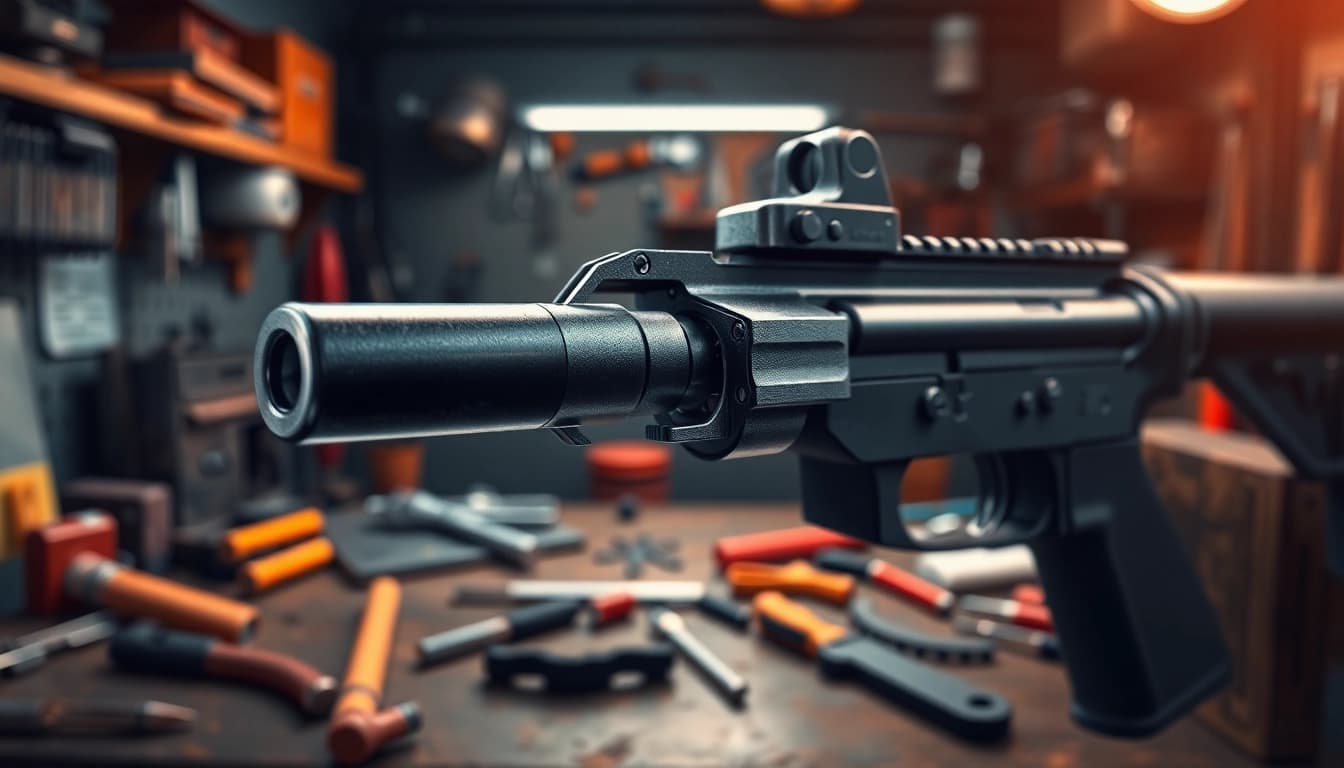 Examine the detailed features of an ar trigger mechanism in a professional workshop setting.