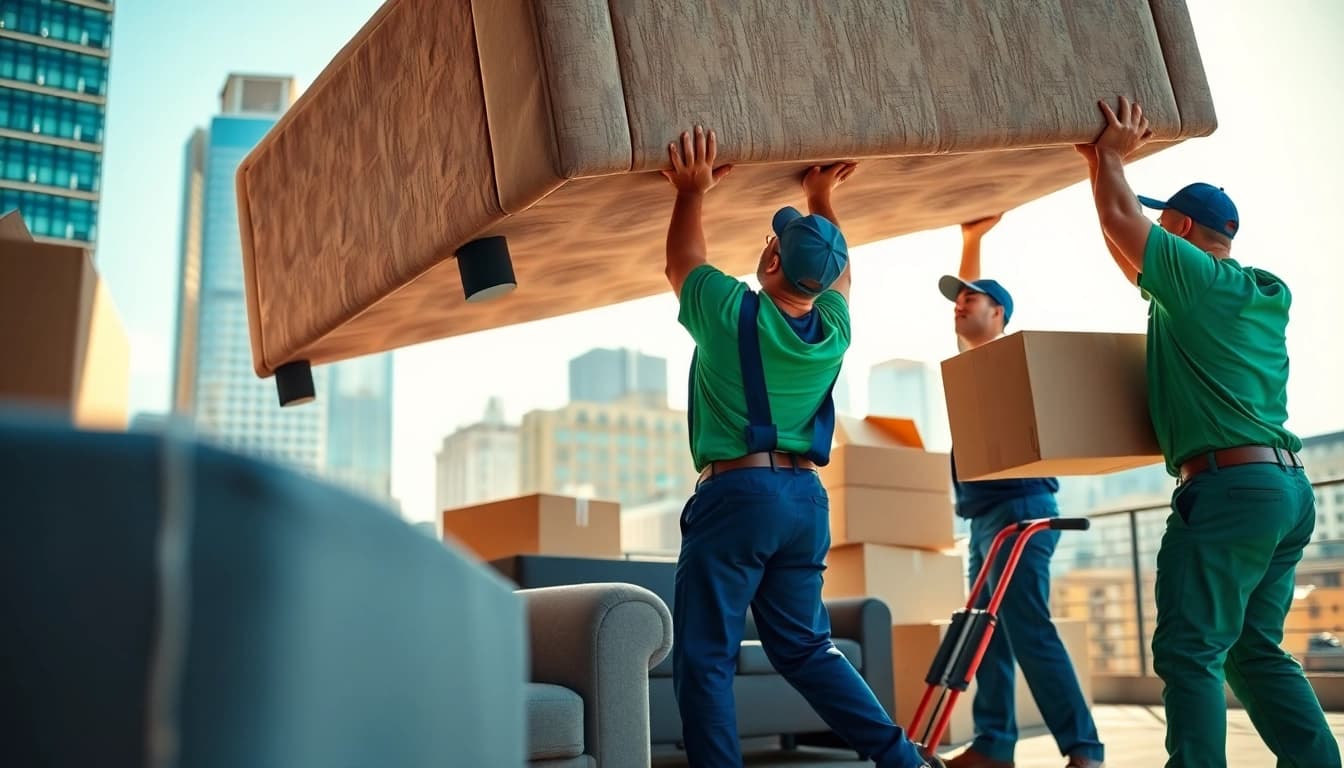 Movers collaborating to lift a sofa against a bright urban skyline, illustrating teamwork in relocation.