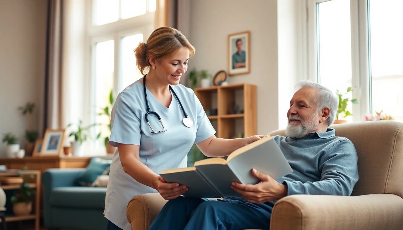 Experience compassionate austin senior home care with a caregiver assisting a senior in a cozy living room.
