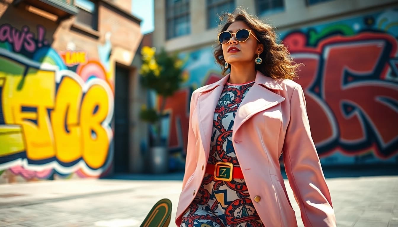 Fashionable woman showcasing her outfit in an urban setting with vibrant colors.