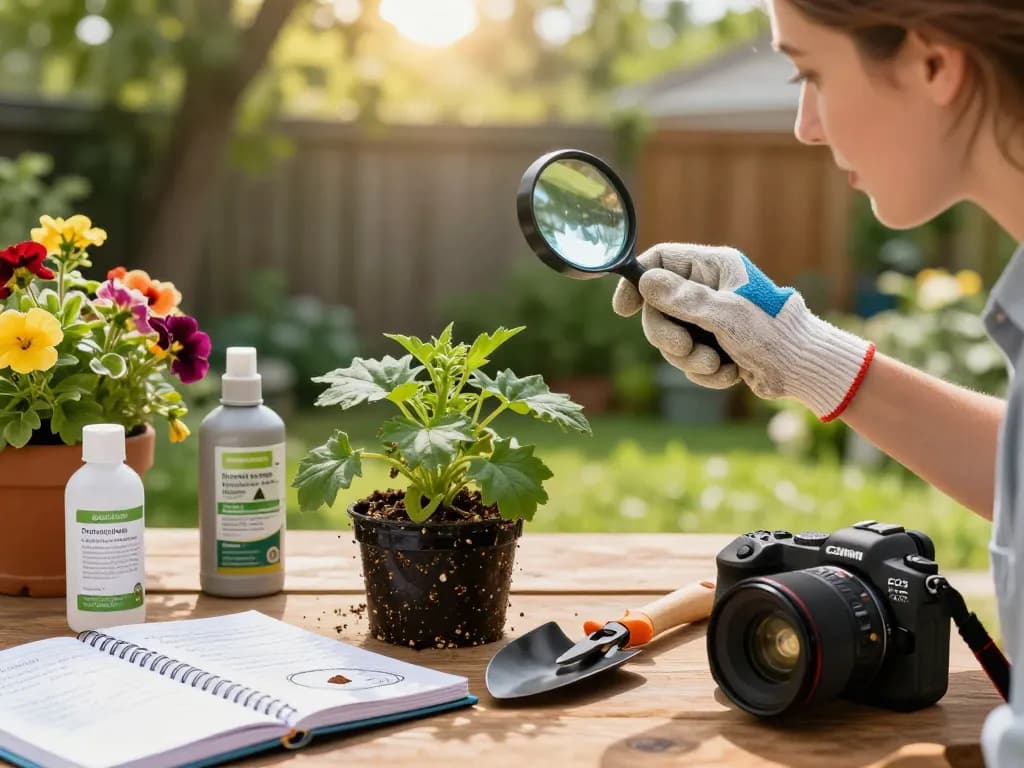 Pest control guide featuring a homeowner inspecting plants for pests in a vibrant garden.