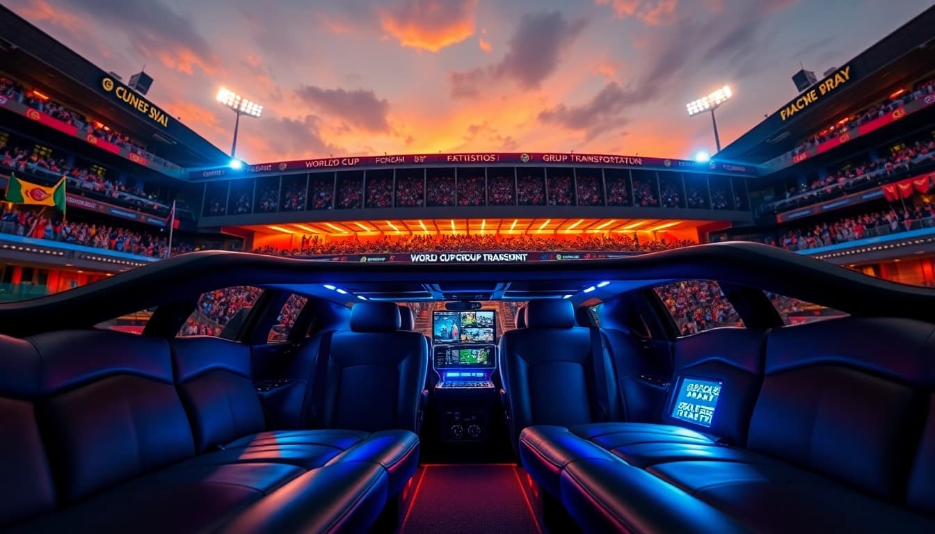 World Cup Group Transportation featuring luxurious limousines and excited fans at a stadium.