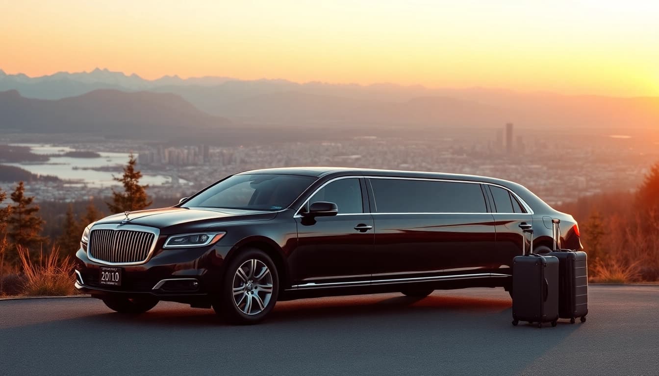 Elegant seattle to vancouver limo showcased at a scenic viewpoint with mountains and city skyline backdrop.