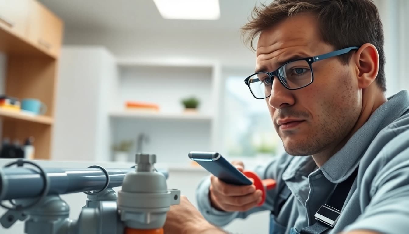 Engage in effective water leak detection with a plumber using advanced tools in a modern kitchen.