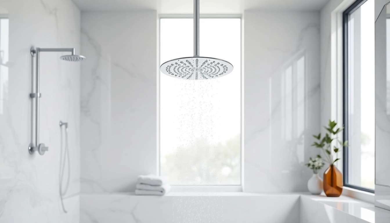 Experience elegant showers with a luxurious rain showerhead and stylish bathroom design.