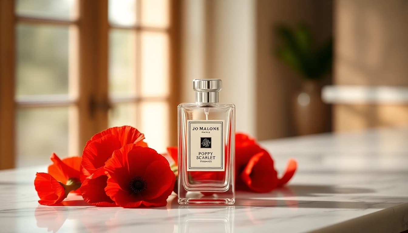 Showcase Jo malone Poppy scarlet fragrance with vibrant blooms and elegant design.