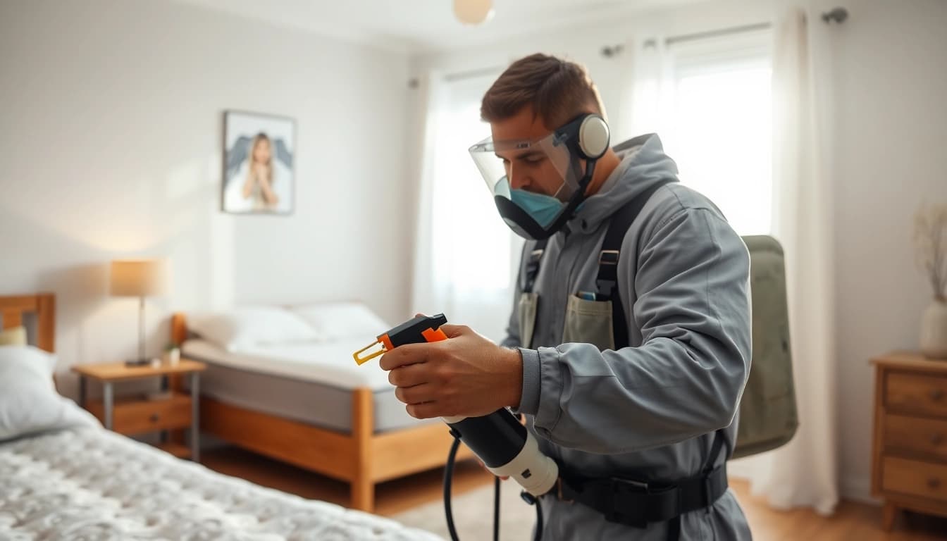 Experienced exterminator focusing on effective bed bug pest control in a clean bedroom setting.