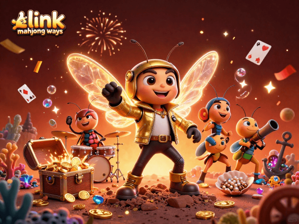 Get ready to play with link mahjong ways in this vibrant 3D illustration featuring engaging casino characters.