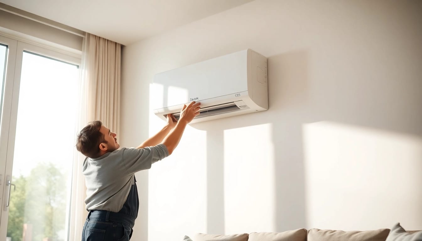 Install a Daikin mini split AC in a modern living room by an HVAC technician.