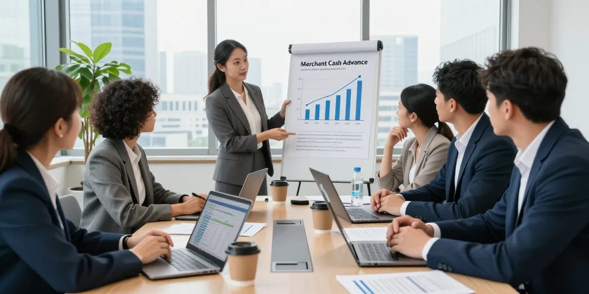 Discussion on merchant cash advance bad credit options among diverse entrepreneurs in a corporate setting.