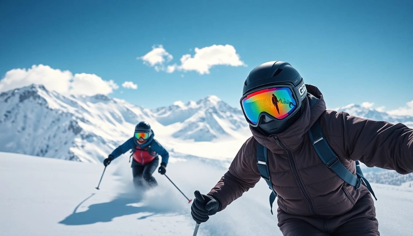Skiers on a slope wearing giro goggles, showcasing clarity and style in action.