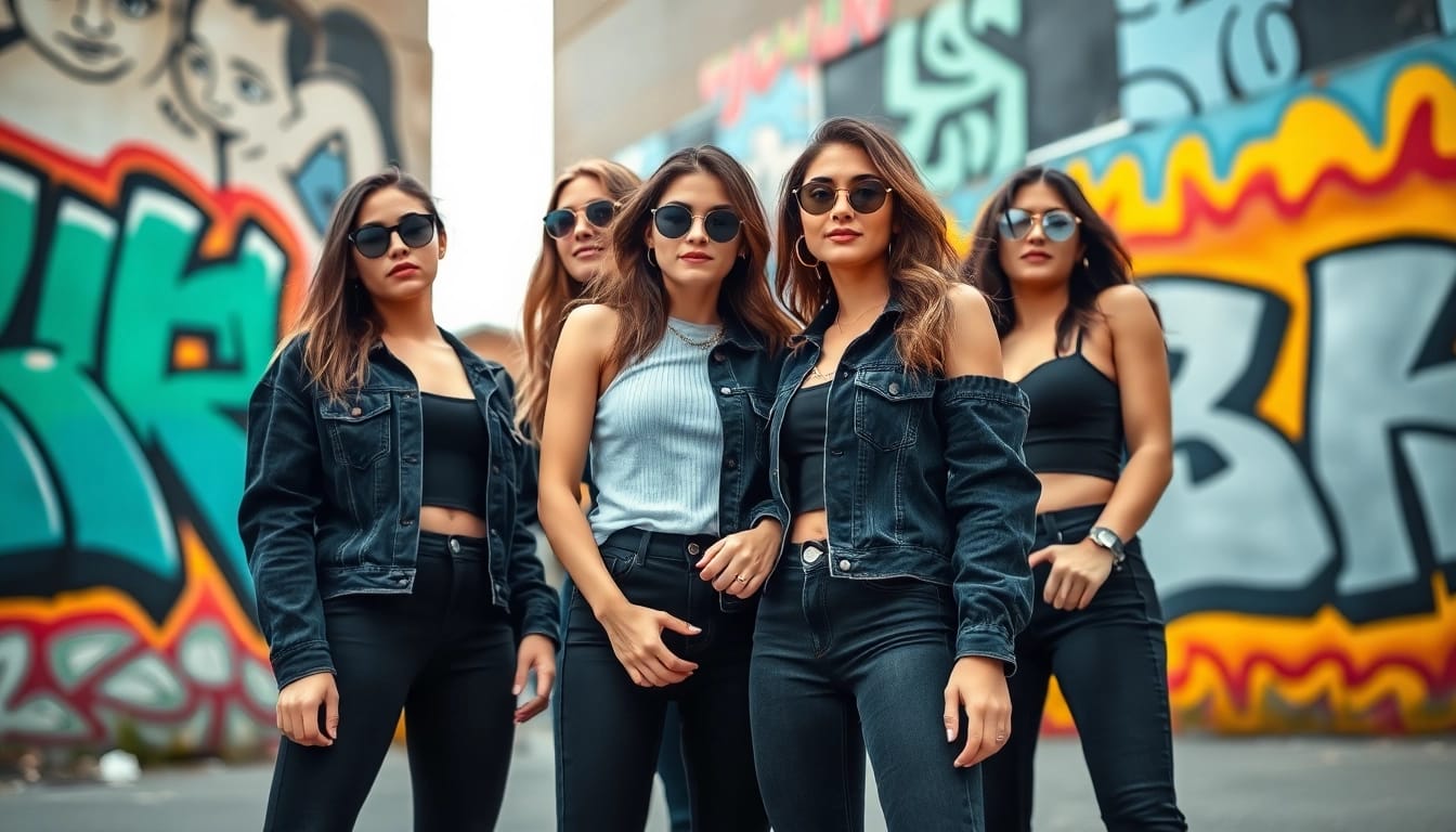 Stylish women wearing black jeans women against vibrant graffiti, showcasing trendy urban fashion.