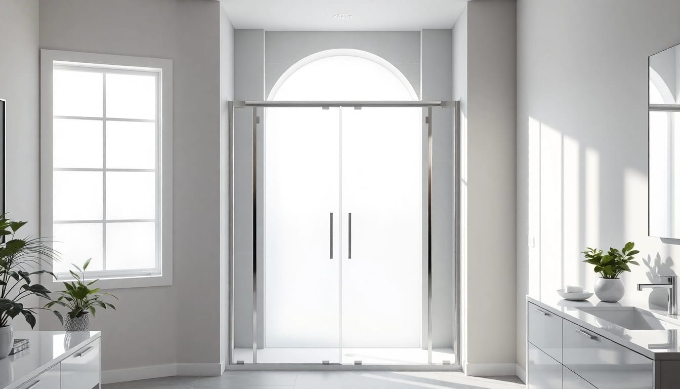 Showcasing elegant shower doors with sleek glass and chrome framing in a modern bathroom.