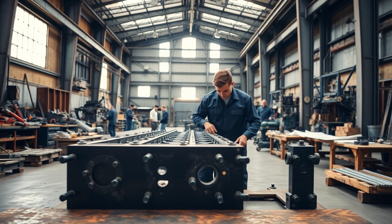 Craftsmen engaged in custom steel fabrication showcasing skill in their professional workshop.
