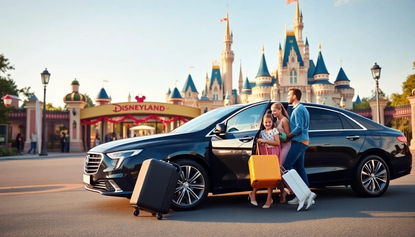 Experience Disneyland Paris airport transfer services with a family arriving excitedly at the park.