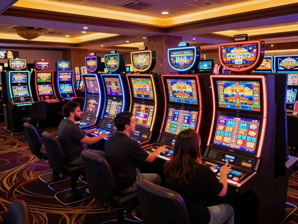 Players enjoying slot machines and vibrant games at rr88bet casino floor, capturing lively casino atmosphere.