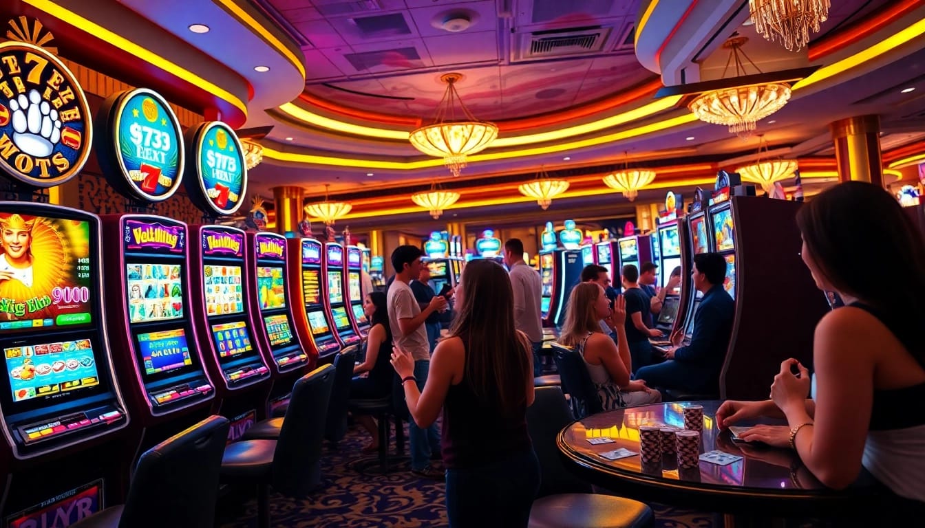 Spinning the Slot machine reels in a vibrant casino filled with excitement.