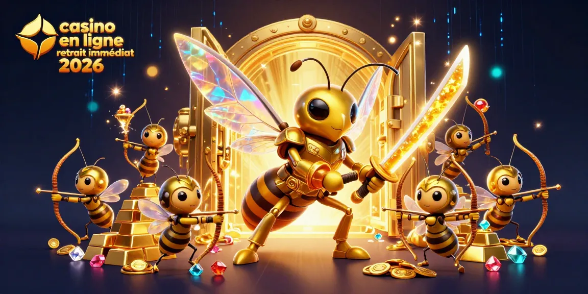 Visuel d'un casino en ligne retrait immédiat 2026 avec un hornet géant en armure et des trésors scintillants.