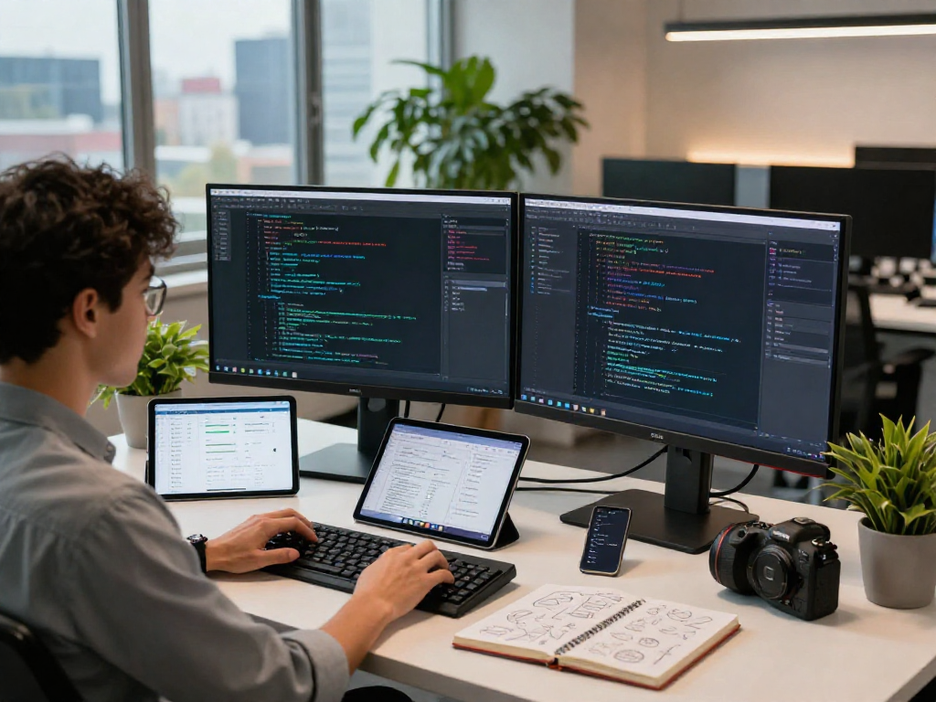 Workspace with a professional coding using crushonai, dual monitors, and vibrant city view.