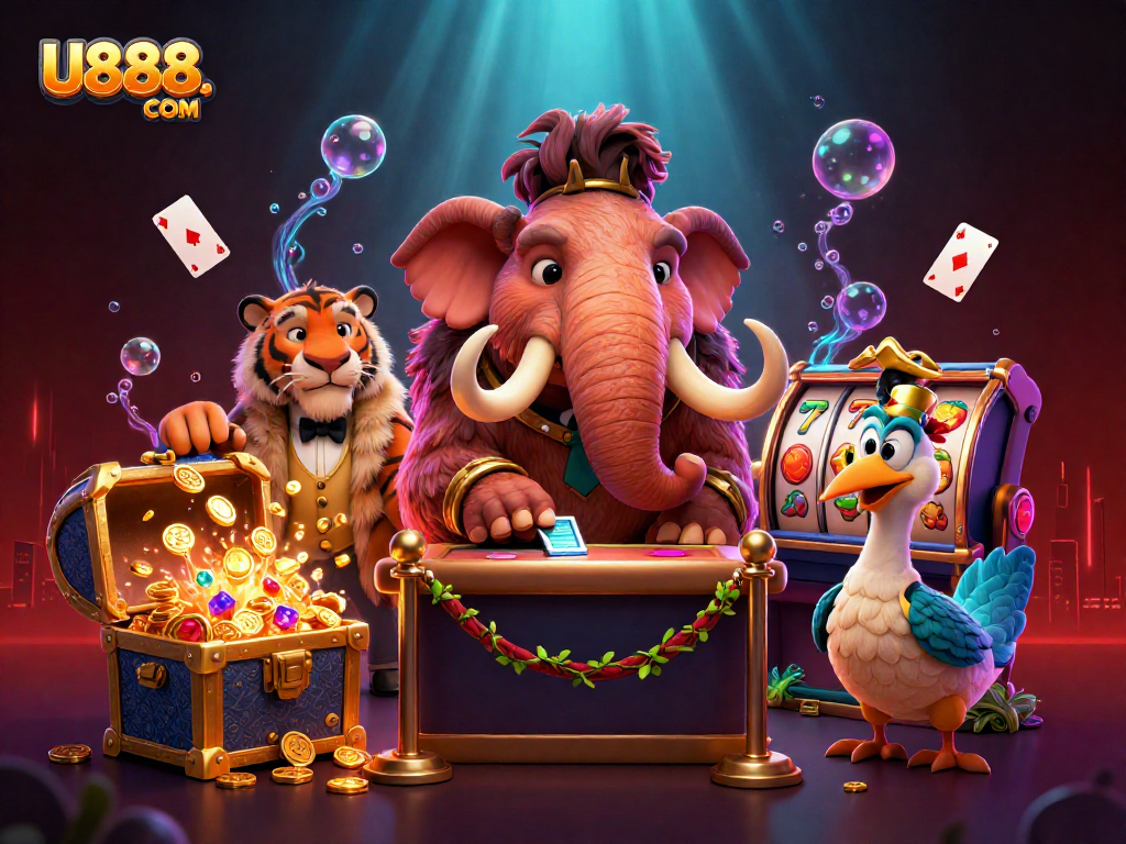 Experience the vibrant gaming world of U888. COM with a lively casino scene featuring colorful characters and exciting gaming elements.