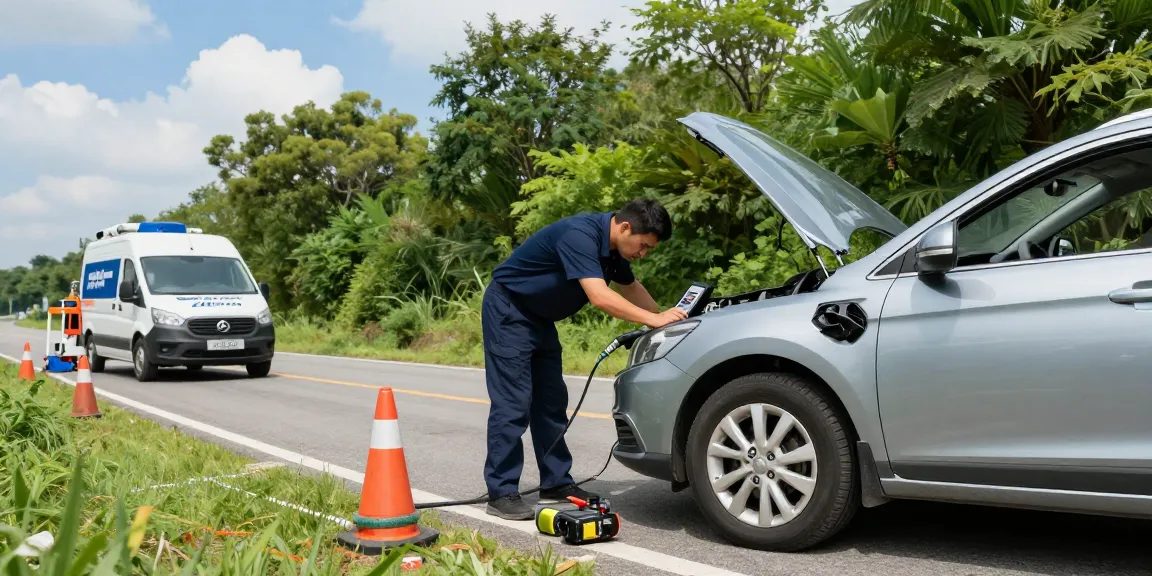 Contamination in fuel tank recovery service at roadside with expert technician assisting driver.