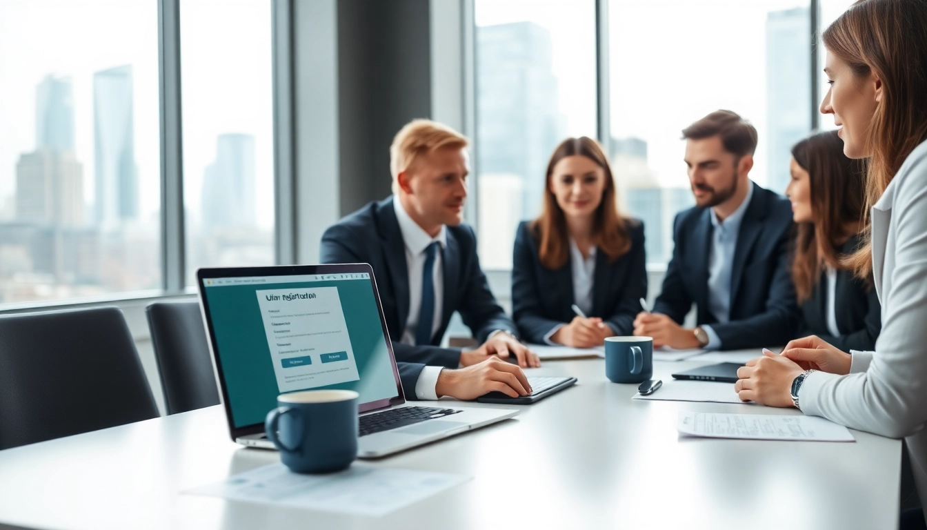 Register LLC online with a professional business team collaborating in a modern office.