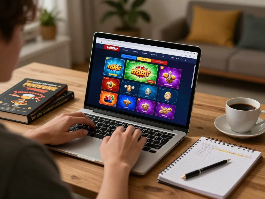 Engaging player enjoying rr88bet online gaming on laptop in cozy home atmosphere