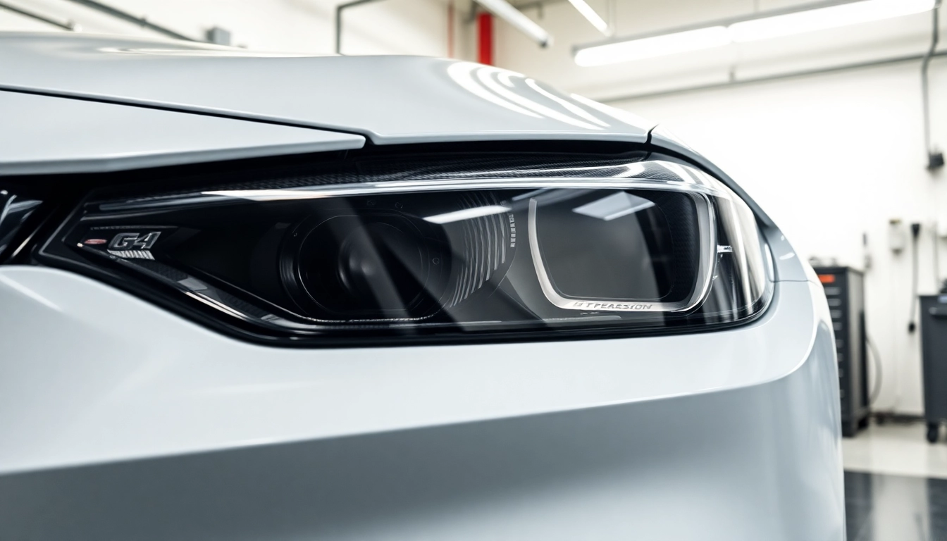 Showcasing G82 M4 Carbon Fiber Headlight Delete on a sleek car in a modern workshop.