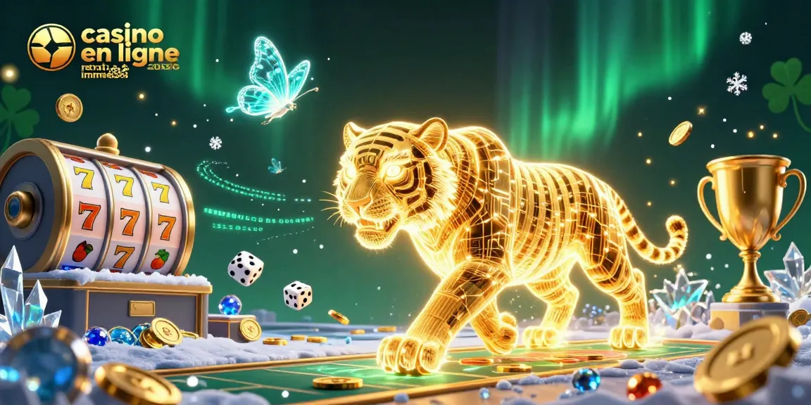 Casino en ligne retrait immédiat 2026 : tigre doré dans un paysage de casino digital, jeux captivants et éléments dynamiques.