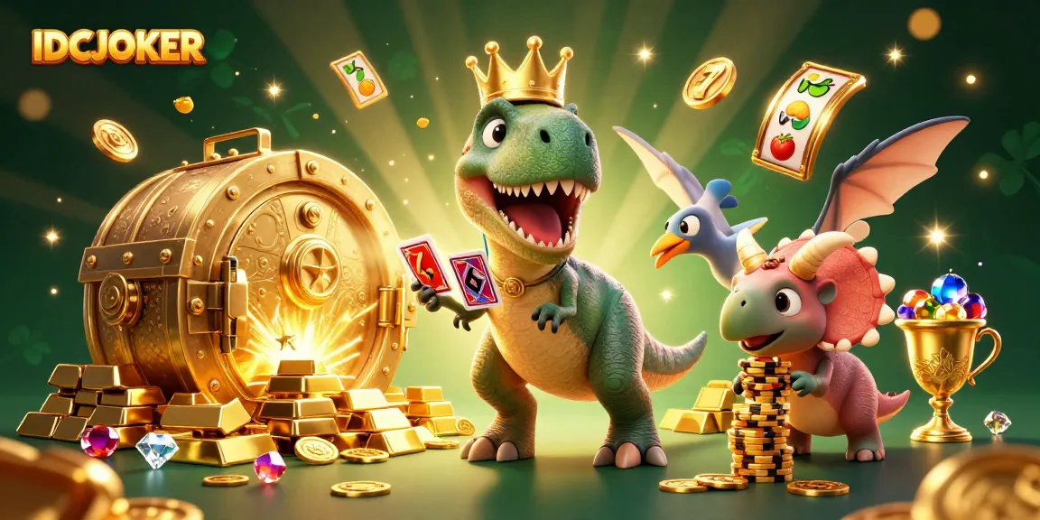 Engage with IDCJOKER by enjoying dynamic slot games featuring cartoon dinosaurs in a vibrant casino scene.