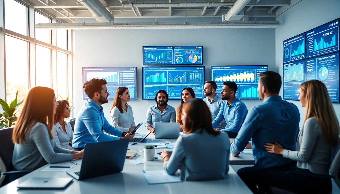 Digital marketing company team collaborating in a modern office environment.