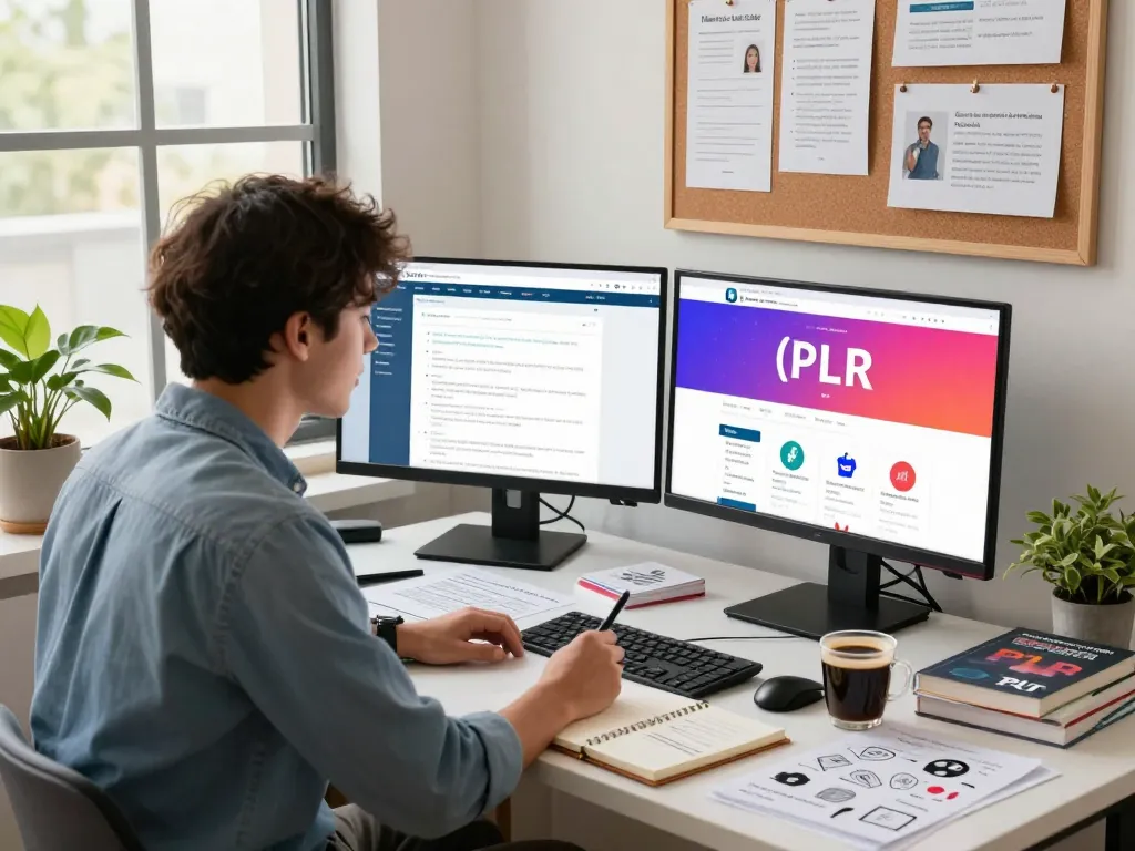 Purchase PLR Content in a vibrant digital workspace with an entrepreneur reviewing PLR materials.