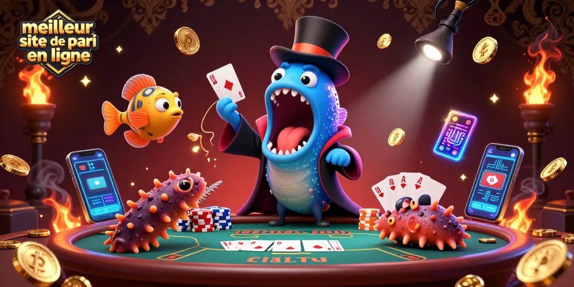 Illustration dynamique renforçant le meilleur site de pari en ligne avec une anguille de mer en cape de magicien, jouant des cartes.