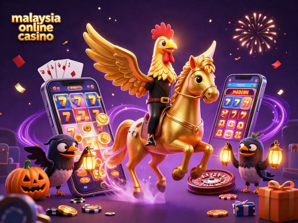 Win at the malaysia online casino with a golden rooster amidst vibrant casino action.
